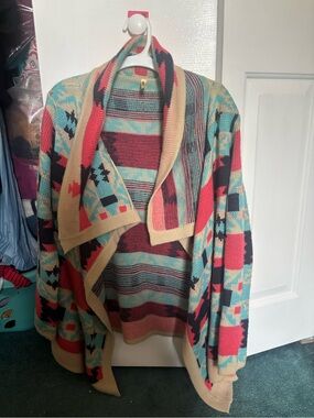 Open-Front Geometric Knit Cardigan in Teal, Coral & Cream